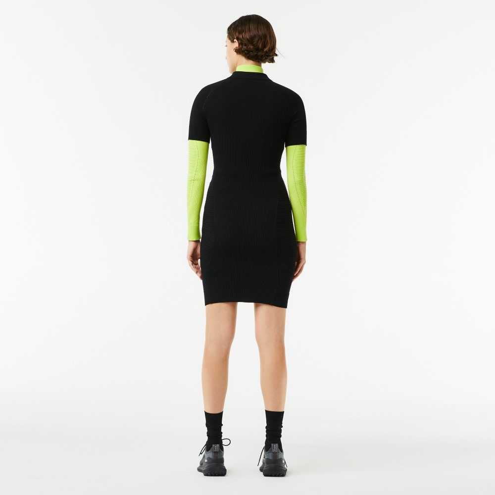 Lacoste Knit Details Front Zip Dress Black | QKOT-82590