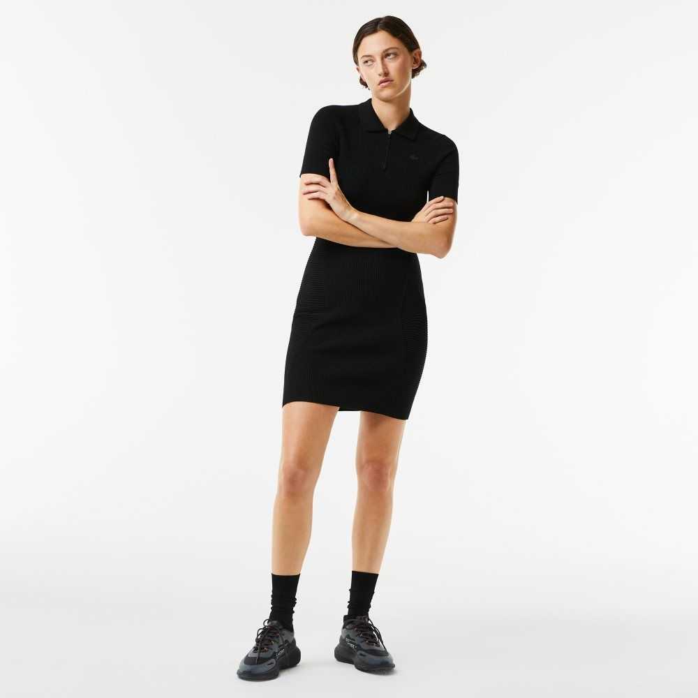 Lacoste Knit Details Front Zip Dress Black | QKOT-82590