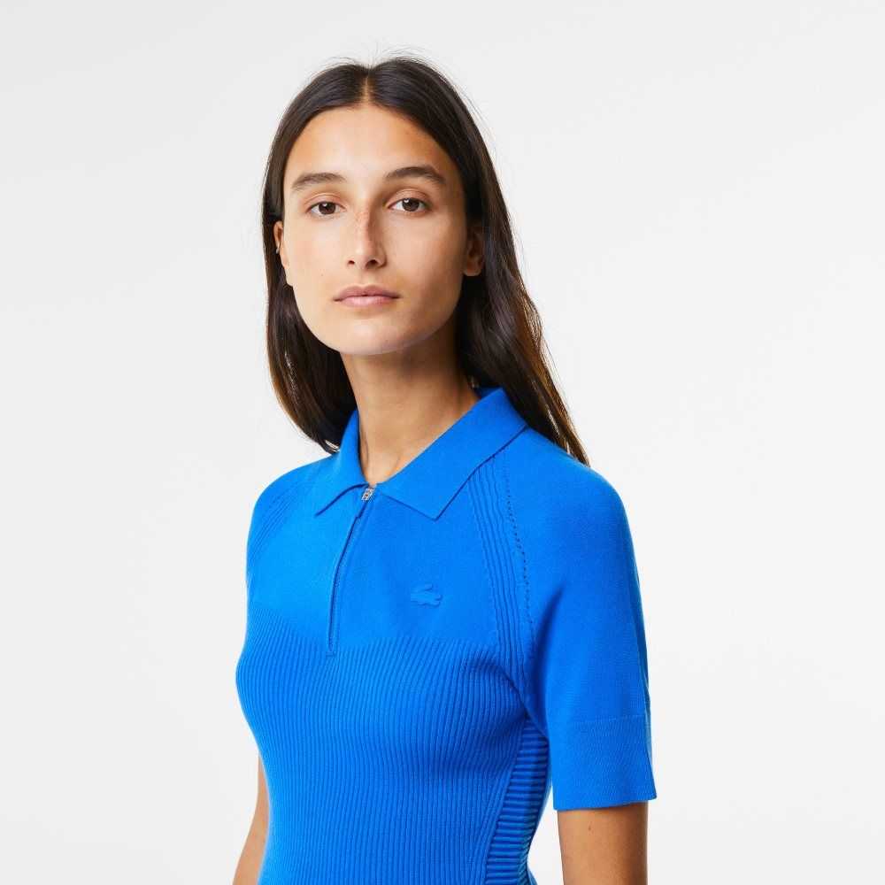 Lacoste Knit Details Front Zip Dress Blue | VPIS-81652