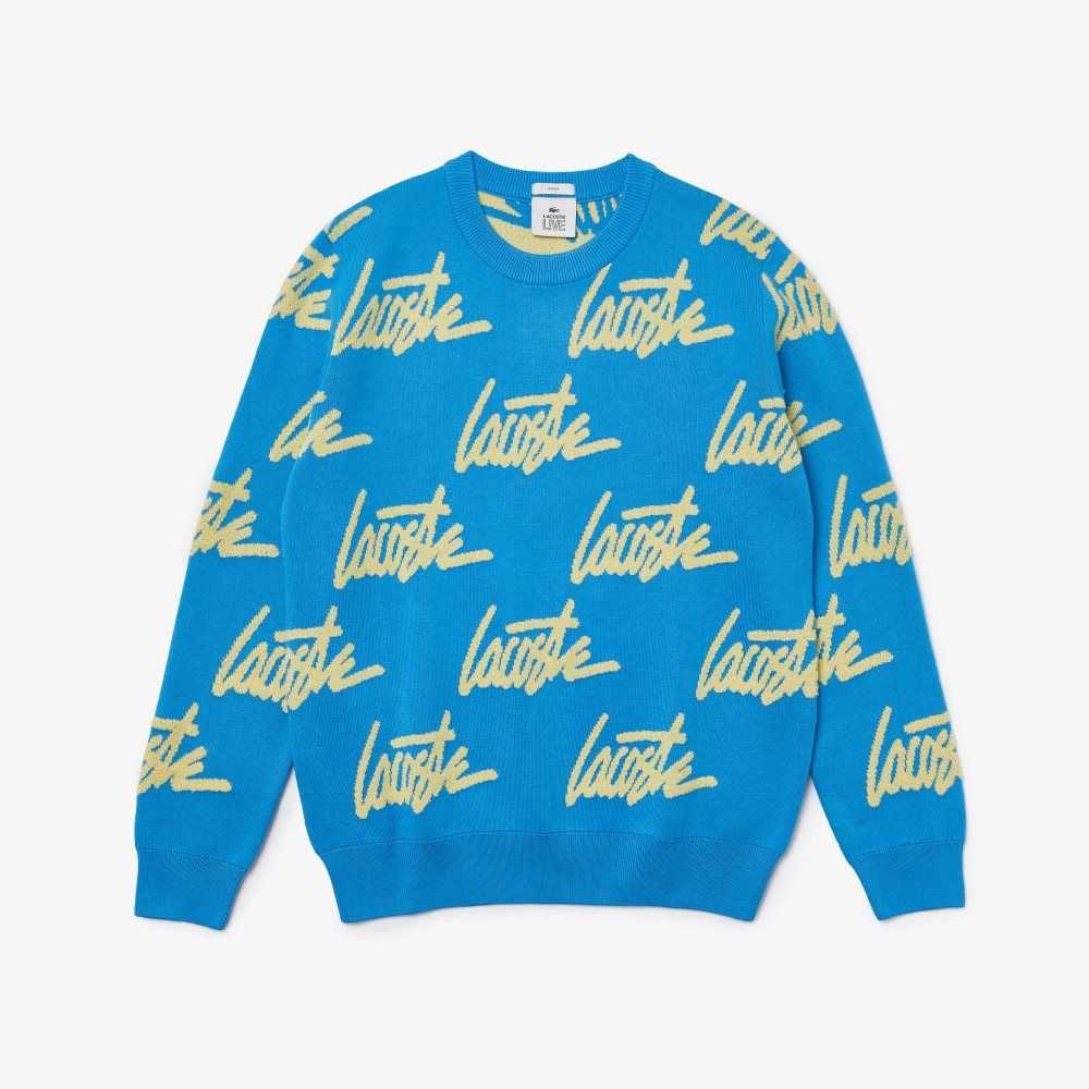 Lacoste LIVE Lettering Crew Neck Cotton Blend Sweater Blue / Yellow | SCBL-52169