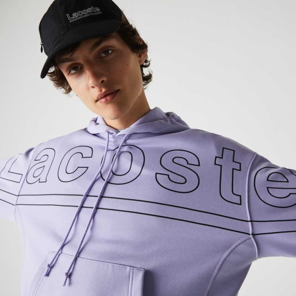 Lacoste LIVE Loose Fit Hooded Print Fleece Sweatshirt Purple | KHEB-14902