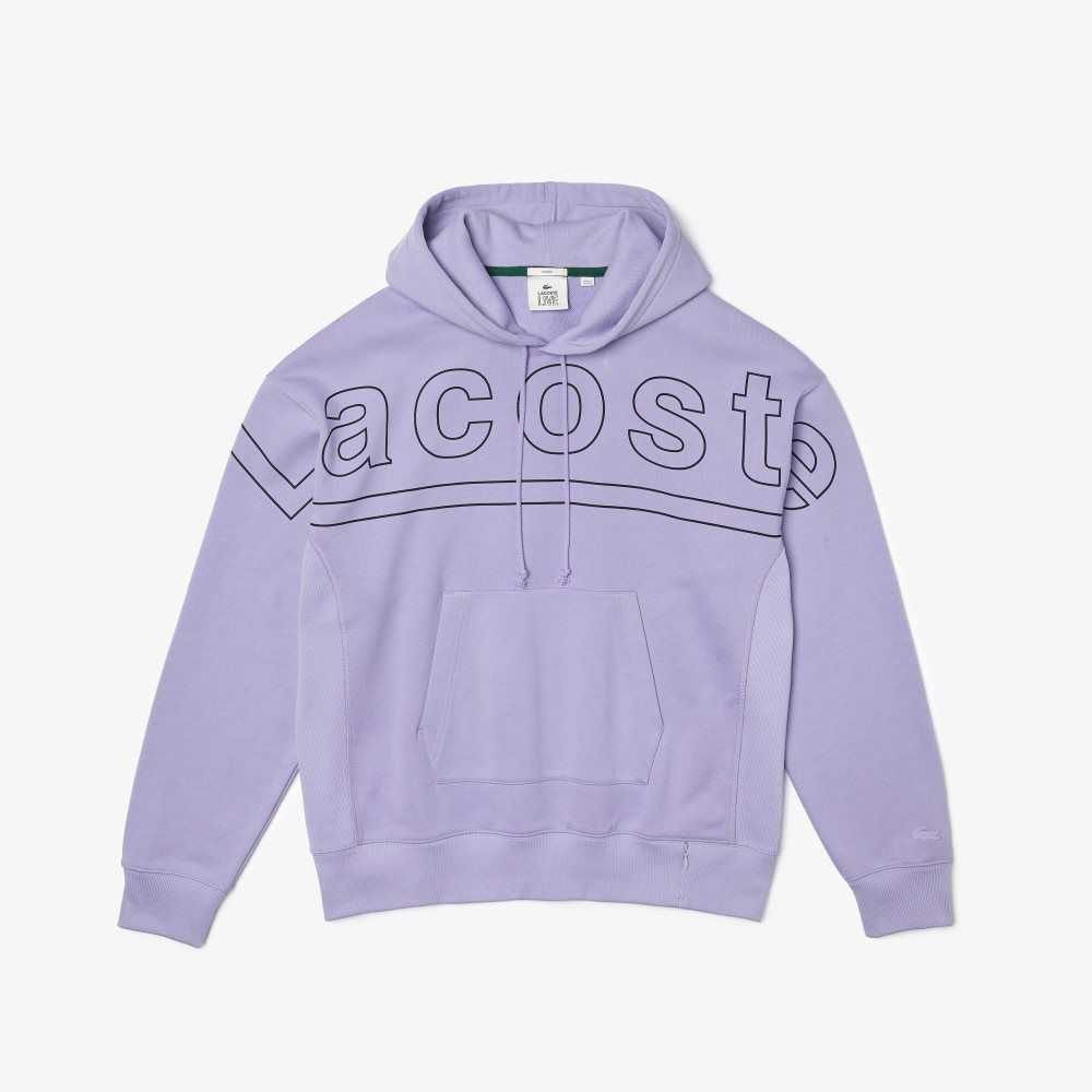 Lacoste LIVE Loose Fit Hooded Print Fleece Sweatshirt Purple | KHEB-14902