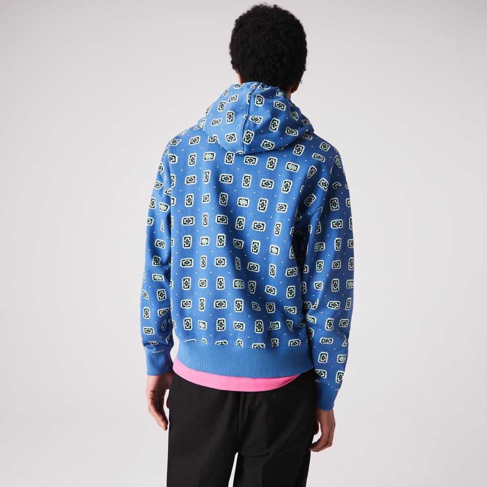 Lacoste LIVE Loose Fit Print Cotton Hoodie Blue / White | JTLR-60935