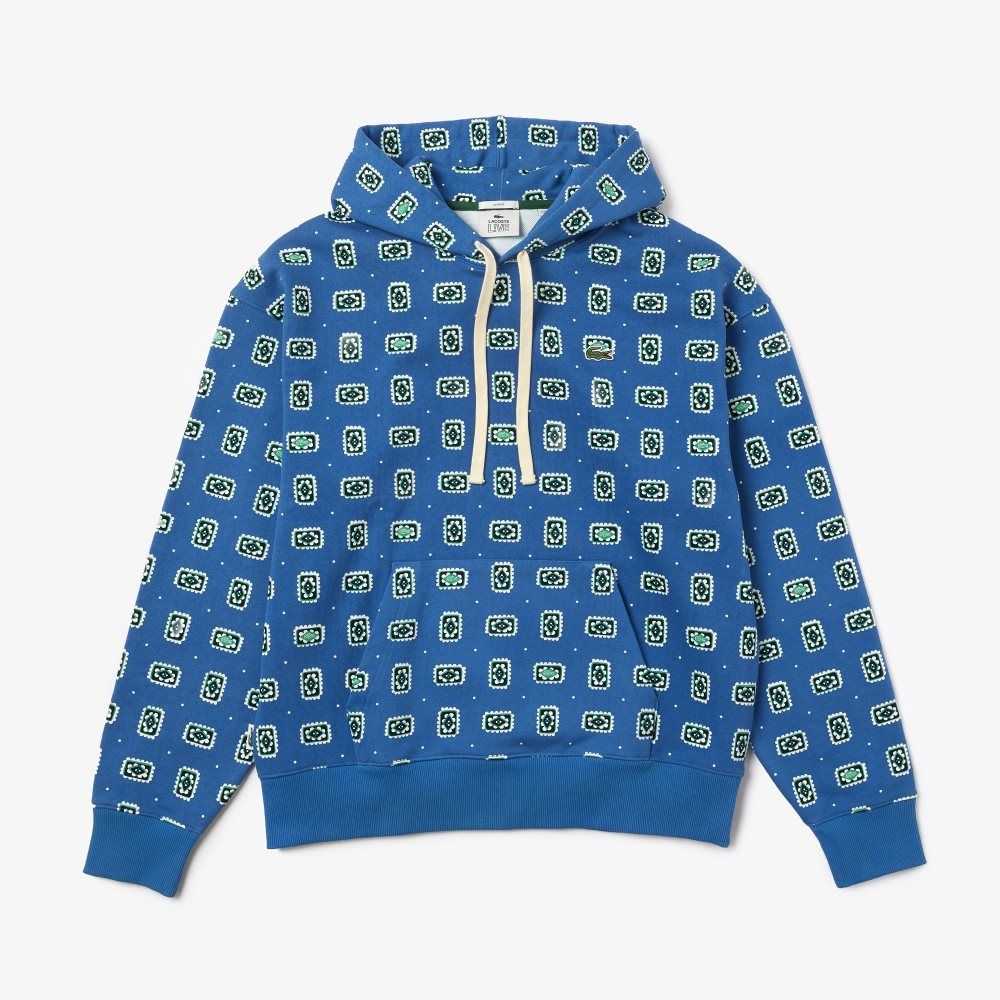 Lacoste LIVE Loose Fit Print Cotton Hoodie Blue / White | JTLR-60935