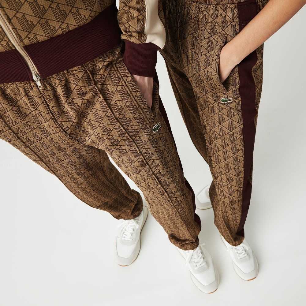 Lacoste LIVE Monogram Jacquard Tracksuit Pants Beige / Bordeaux | CEFU-76359