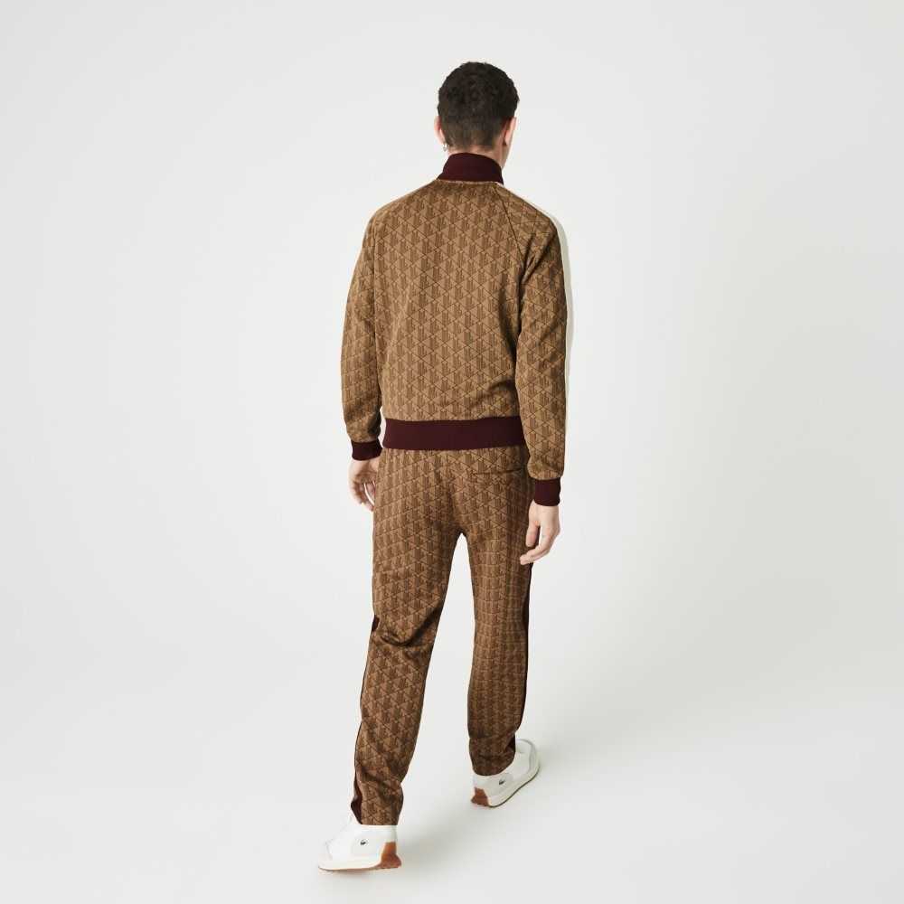 Lacoste LIVE Monogram Jacquard Tracksuit Pants Beige / Bordeaux | CEFU-76359