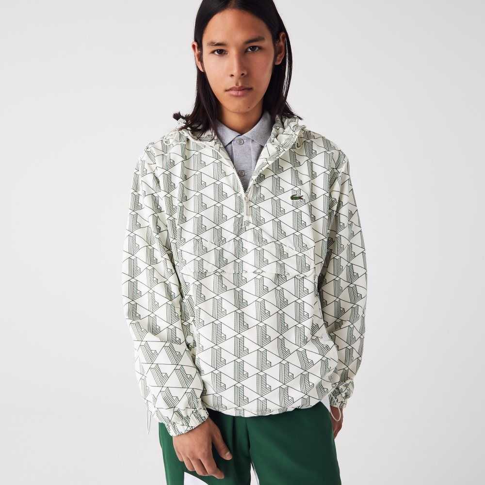 Lacoste LIVE Monogram Patterned Pullover Windbreaker White / Green | EANO-40892