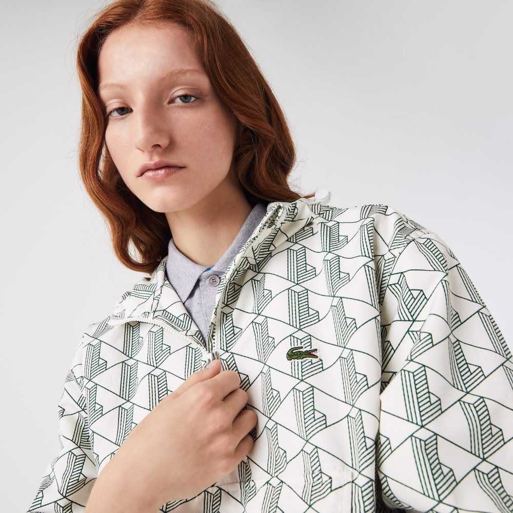 Lacoste LIVE Monogram Patterned Pullover Windbreaker White / Green | EANO-40892