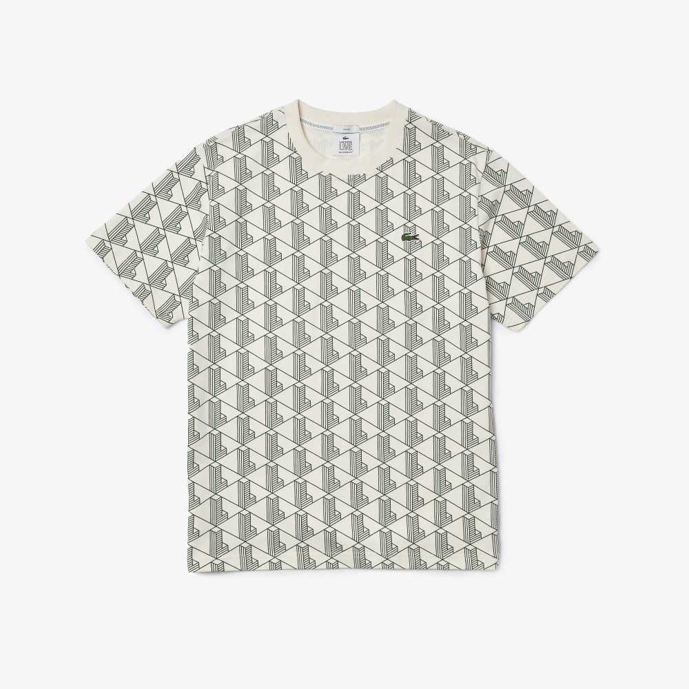 Lacoste LIVE Monogram Print Cotton T-shirt White / Green | CBWT-67089