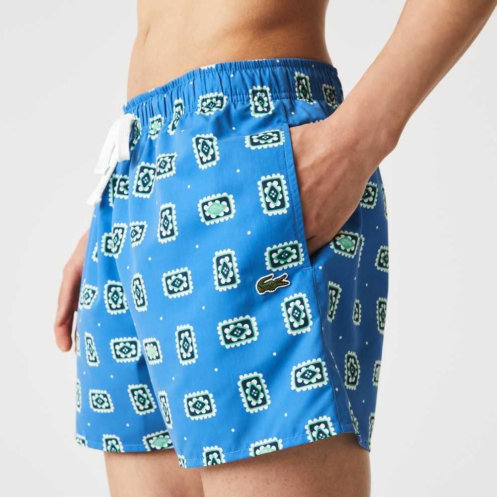 Lacoste LIVE Print Lightweight Swimming Trunks Blue / White | JWLY-52891