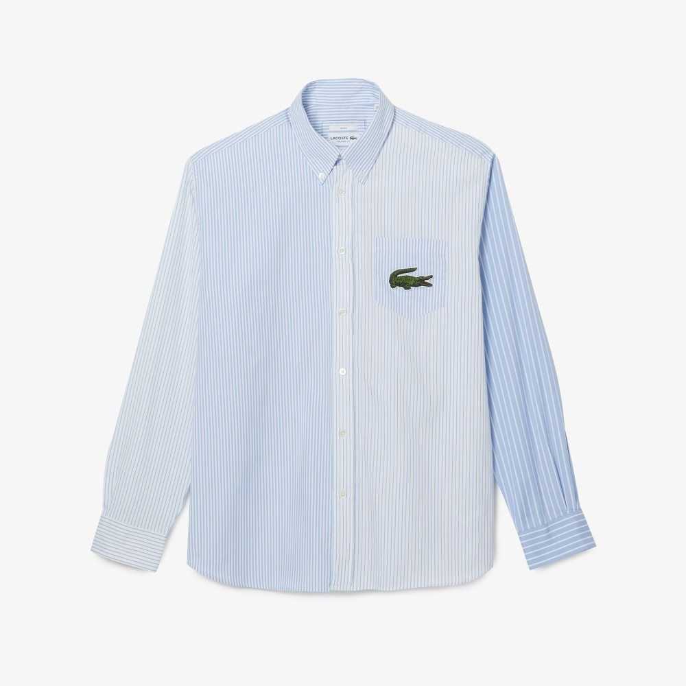 Lacoste Large Crocodile Striped Cotton Shirt White / Blue | BOTE-20985
