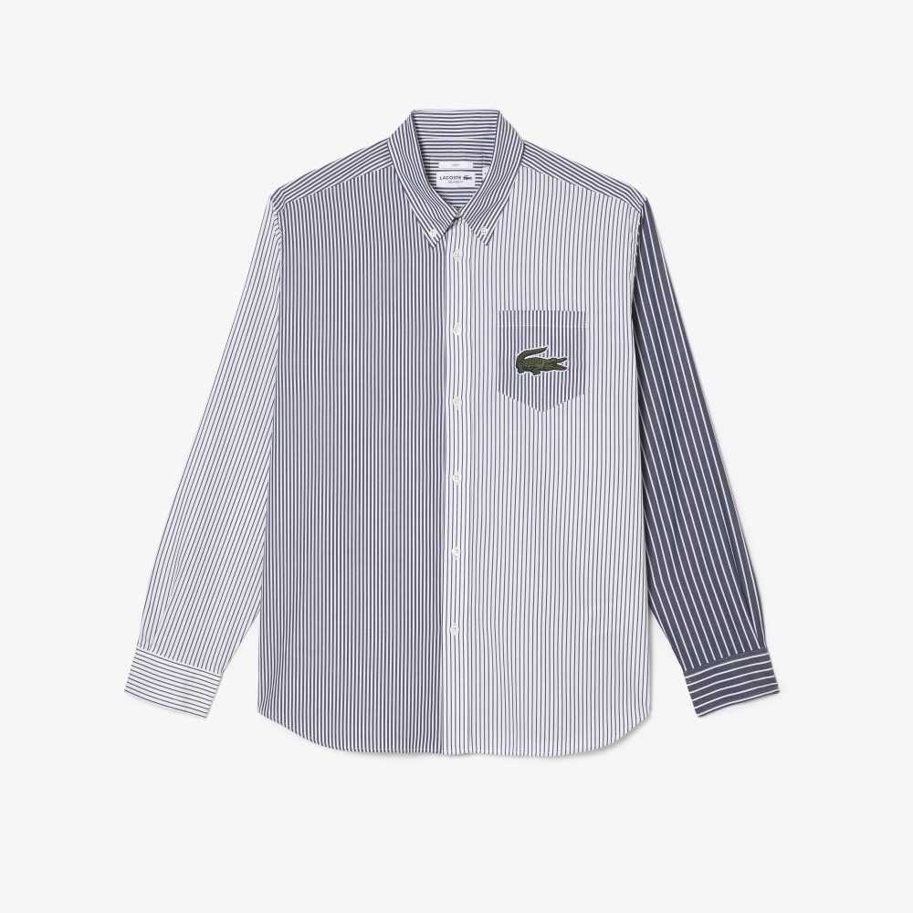 Lacoste Large Crocodile Striped Cotton Shirt White / Navy Blue | HXCW-79245