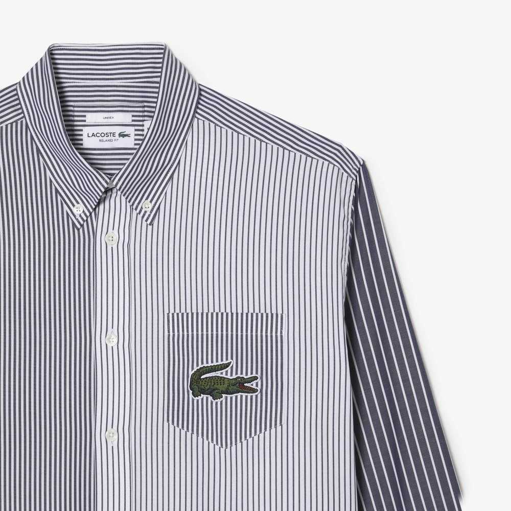 Lacoste Large Crocodile Striped Cotton Shirt White / Navy Blue | HXCW-79245