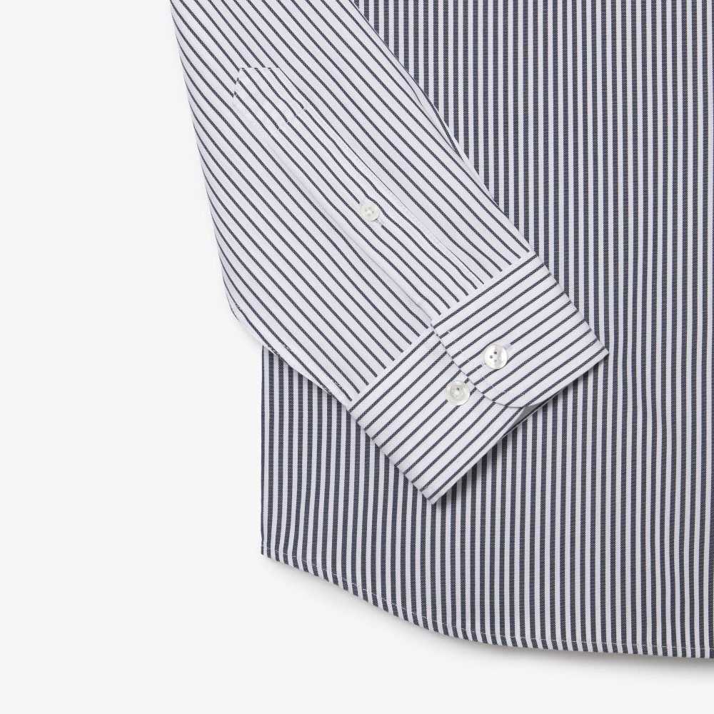 Lacoste Large Crocodile Striped Cotton Shirt White / Navy Blue | HXCW-79245