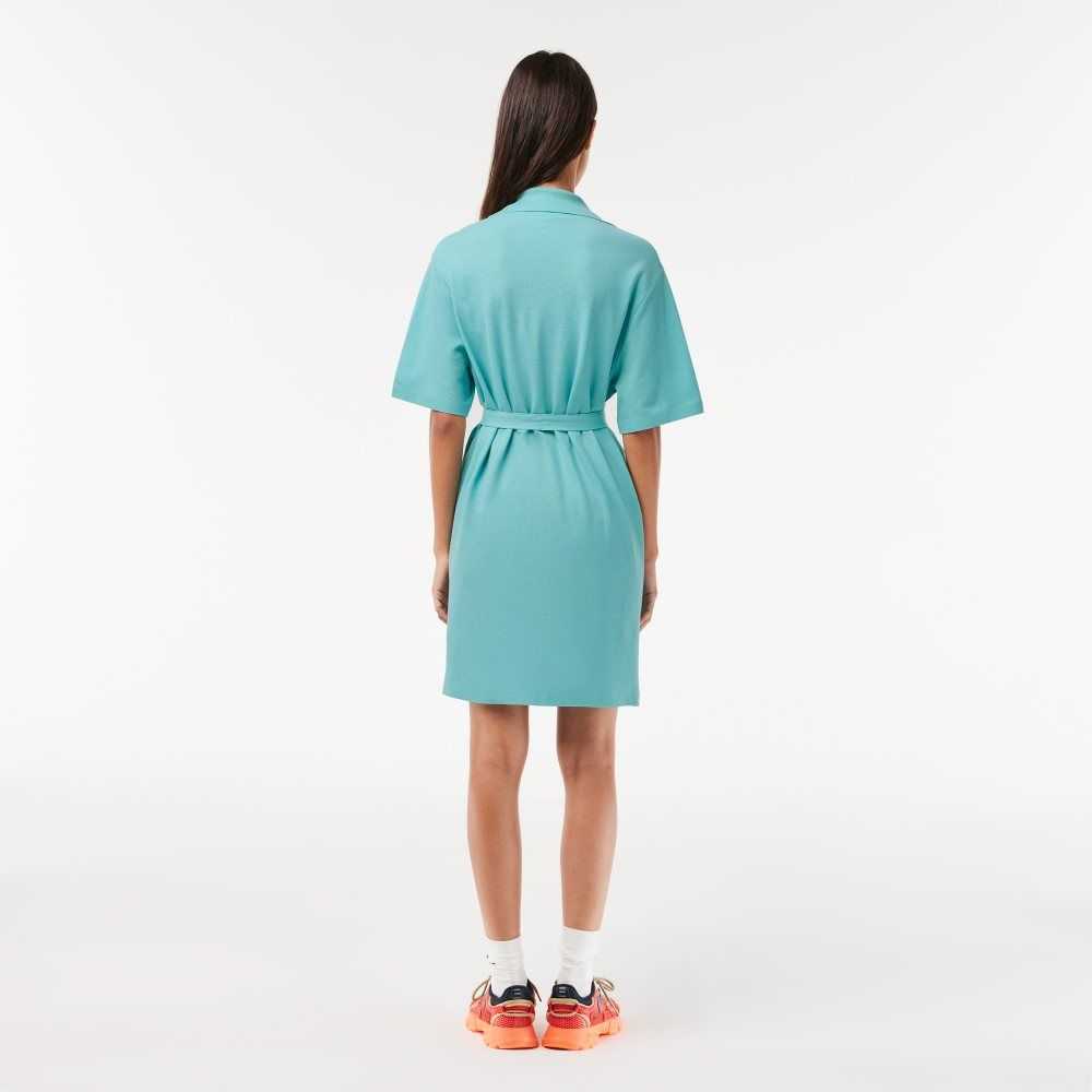 Lacoste Linen/Cotton Blend Belted Button Dress Mint | LSEW-64053