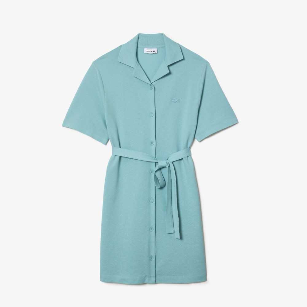 Lacoste Linen/Cotton Blend Belted Button Dress Mint | LSEW-64053
