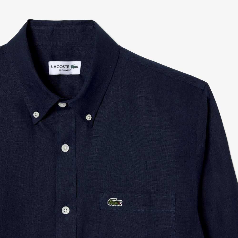 Lacoste Linen Shirt Navy Blue | JDKS-79580