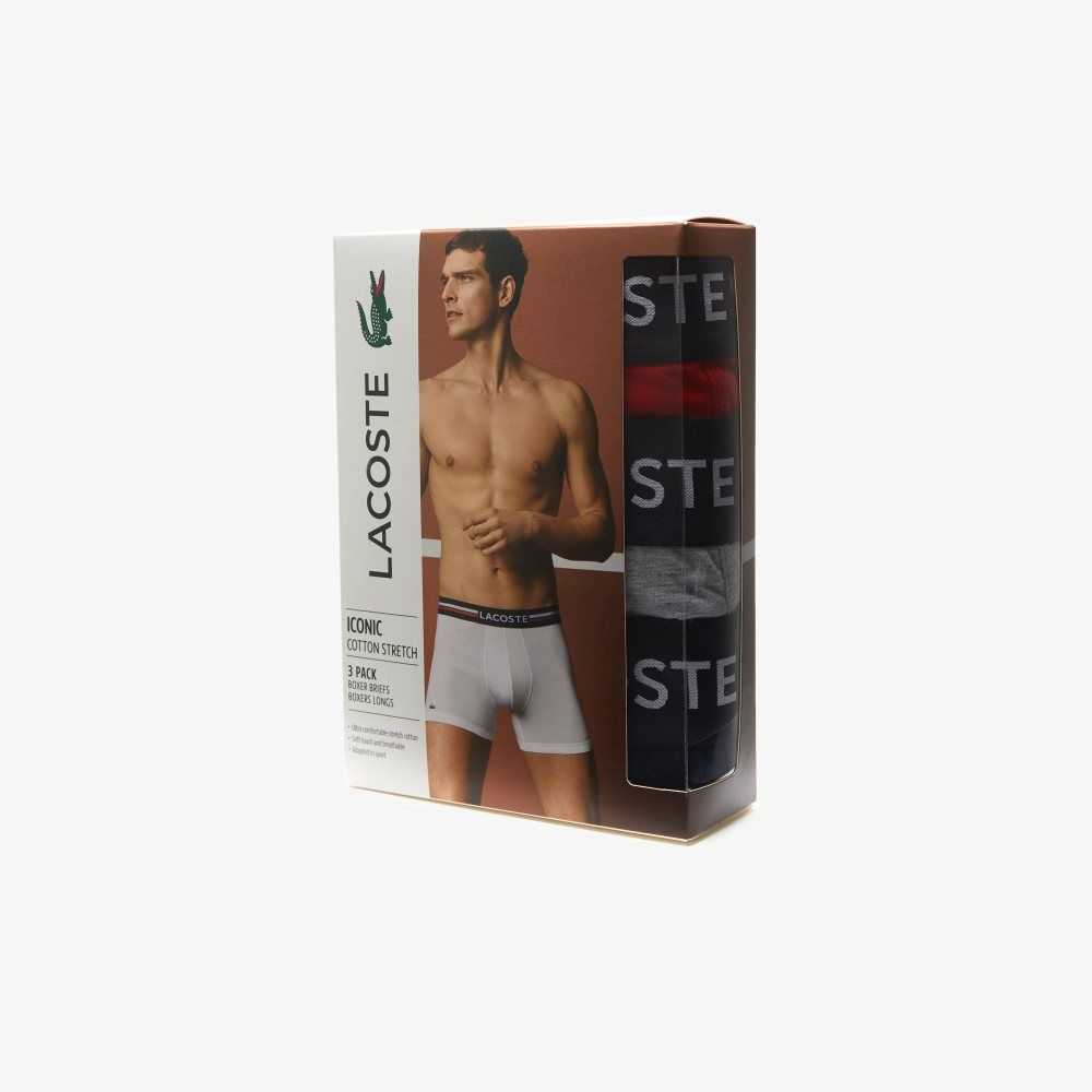 Lacoste Long Cotton Boxer Brief 3-Pack Navy Blue / Grey Chine / Red | GRJP-09571