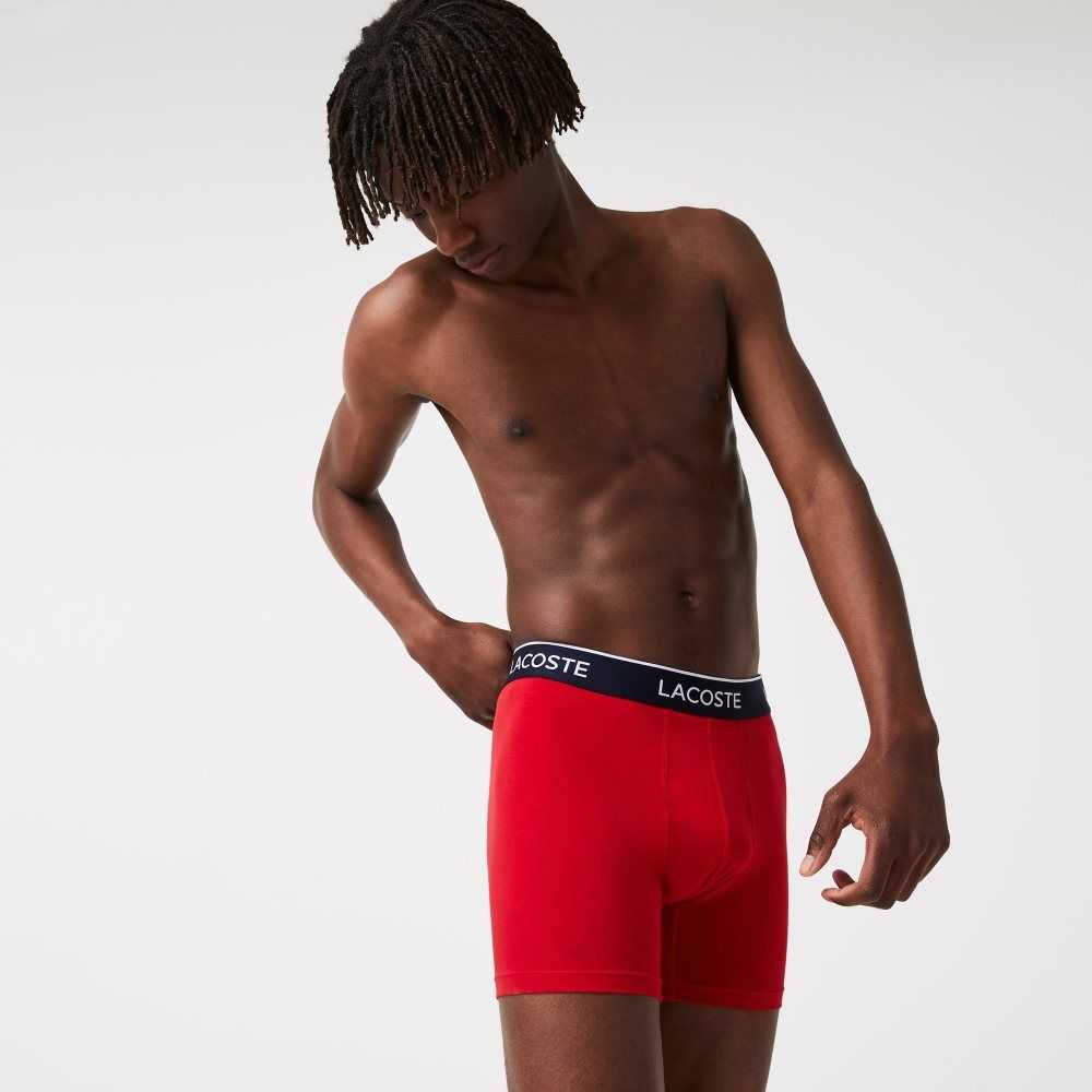 Lacoste Long Stretch Cotton Boxer Brief 3-Pack Navy Blue / Red / Navy Blue | QPXL-41867