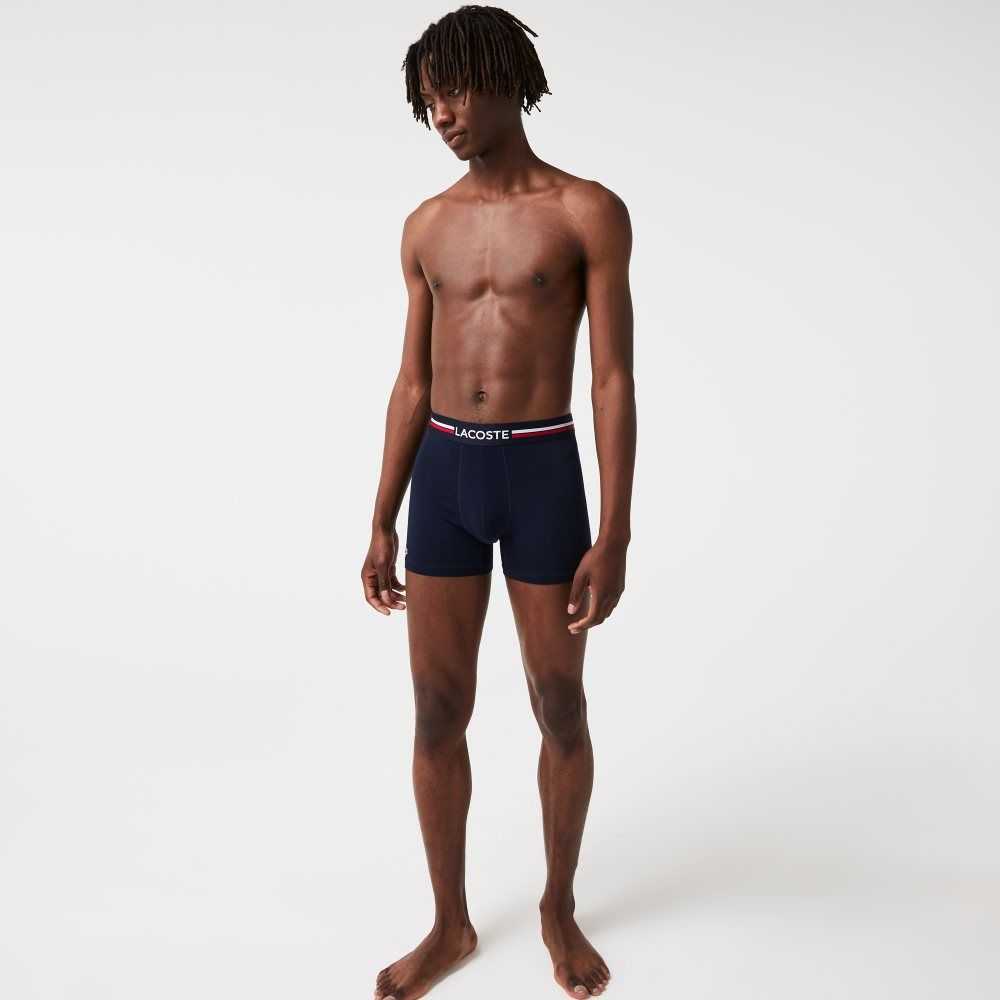 Lacoste Long Stretch Cotton Jersey Boxer Brief 3-Pack Navy Blue / White | JEAV-46983