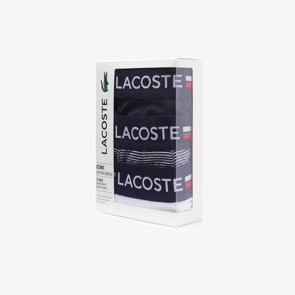 Lacoste Long Stretch Cotton Jersey Boxer Brief 3-Pack Navy Blue / White | JEAV-46983
