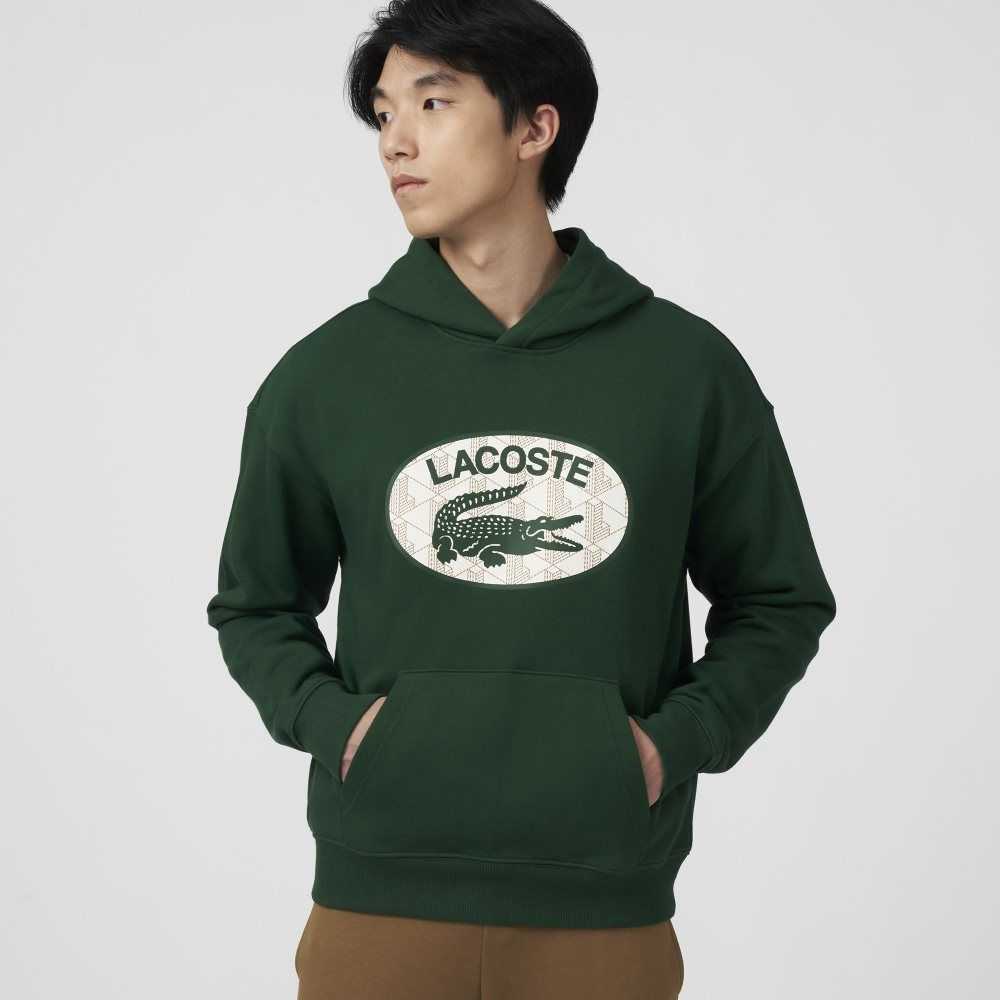 Lacoste Loose Fit Branded Monogram Hooded Sweatshirt Green | KZXV-56470