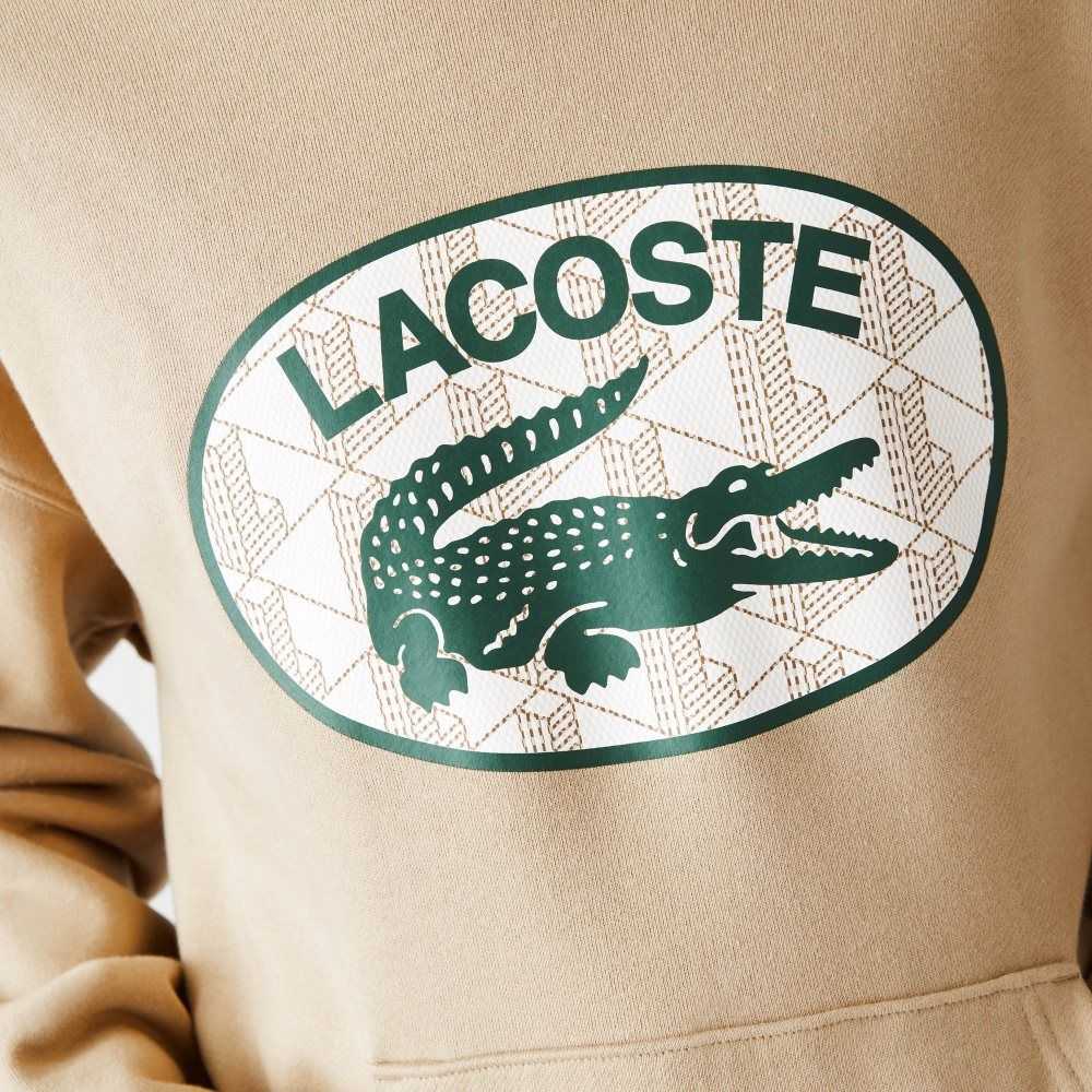 Lacoste Loose Fit Branded Monogram Hooded Sweatshirt Beige | LKRJ-42138