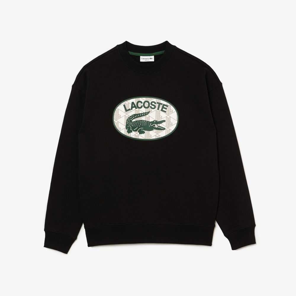 Lacoste Loose Fit Branded Monogram Print Sweatshirt Black | IZMU-91584