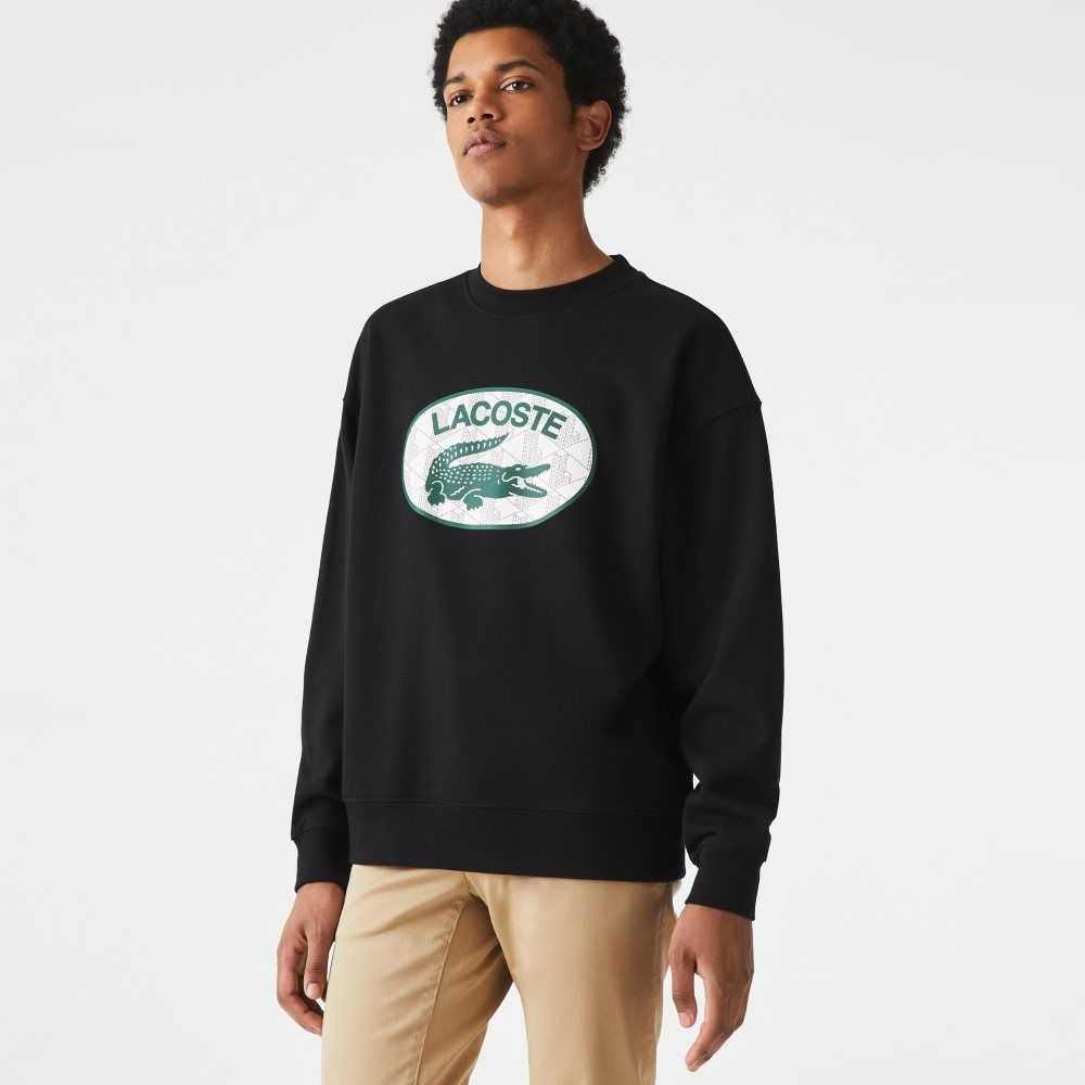 Lacoste Loose Fit Branded Monogram Print Sweatshirt Black | IZMU-91584