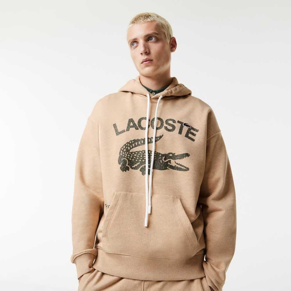 Lacoste Loose Fit Crocodile Hooded Sweatshirt Beige | IWJZ-97156