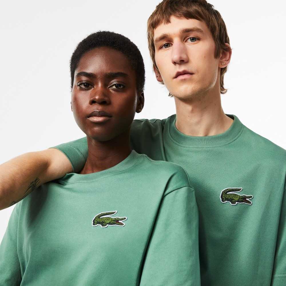 Lacoste Loose Fit Large Crocodile Organic Cotton T-Shirt Khaki Green | IGEY-73598