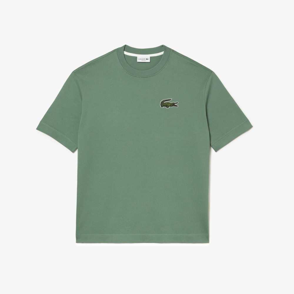 Lacoste Loose Fit Large Crocodile Organic Cotton T-Shirt Khaki Green | IGEY-73598