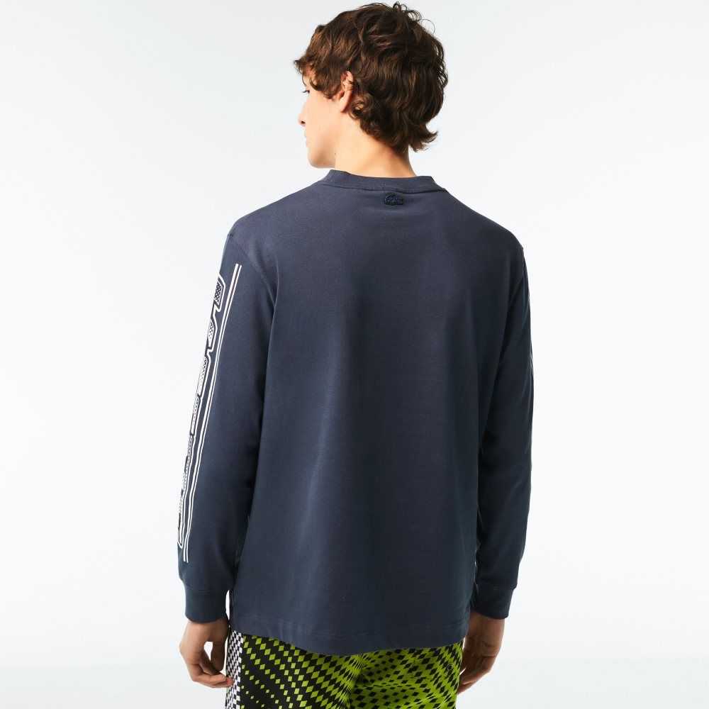 Lacoste Loose Fit Long Sleeve Printed T-Shirt Blue | WYCD-24617