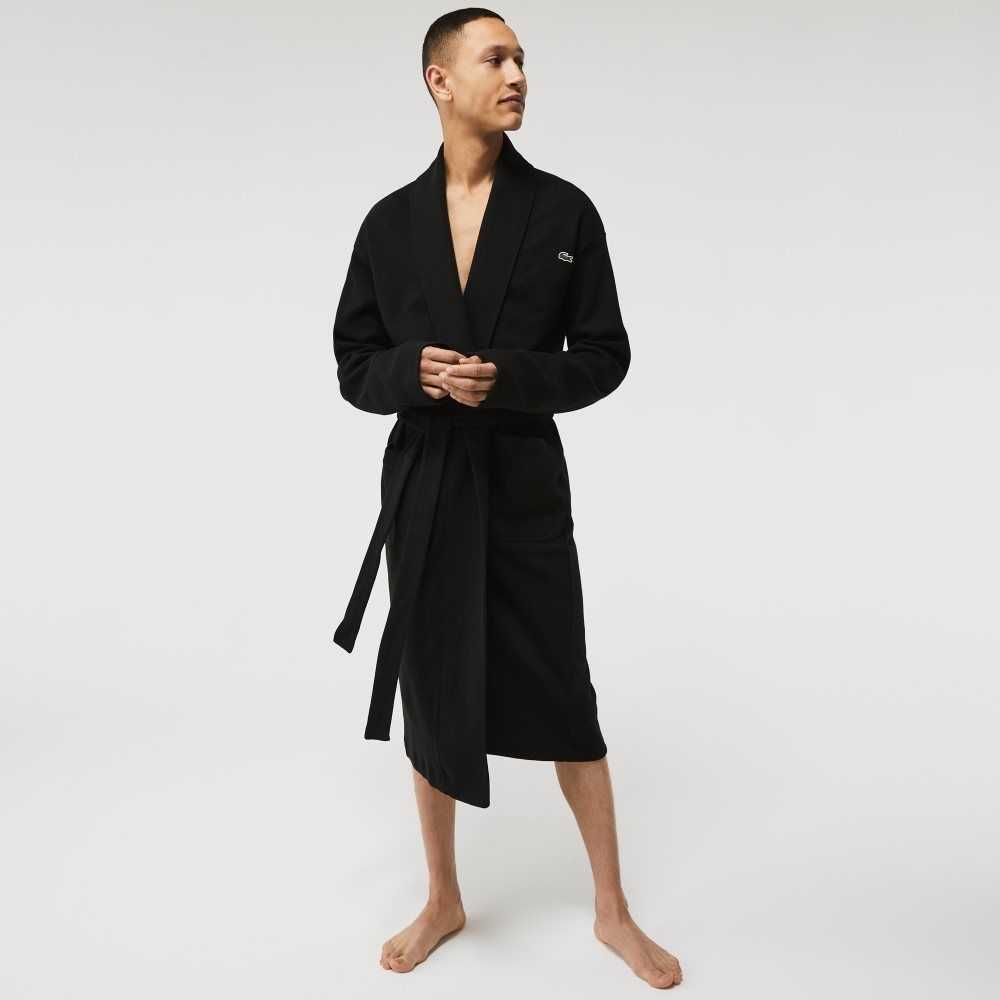 Lacoste Loose Fit Long Textured Cotton Knit Bathrobe Black | PSCR-37852