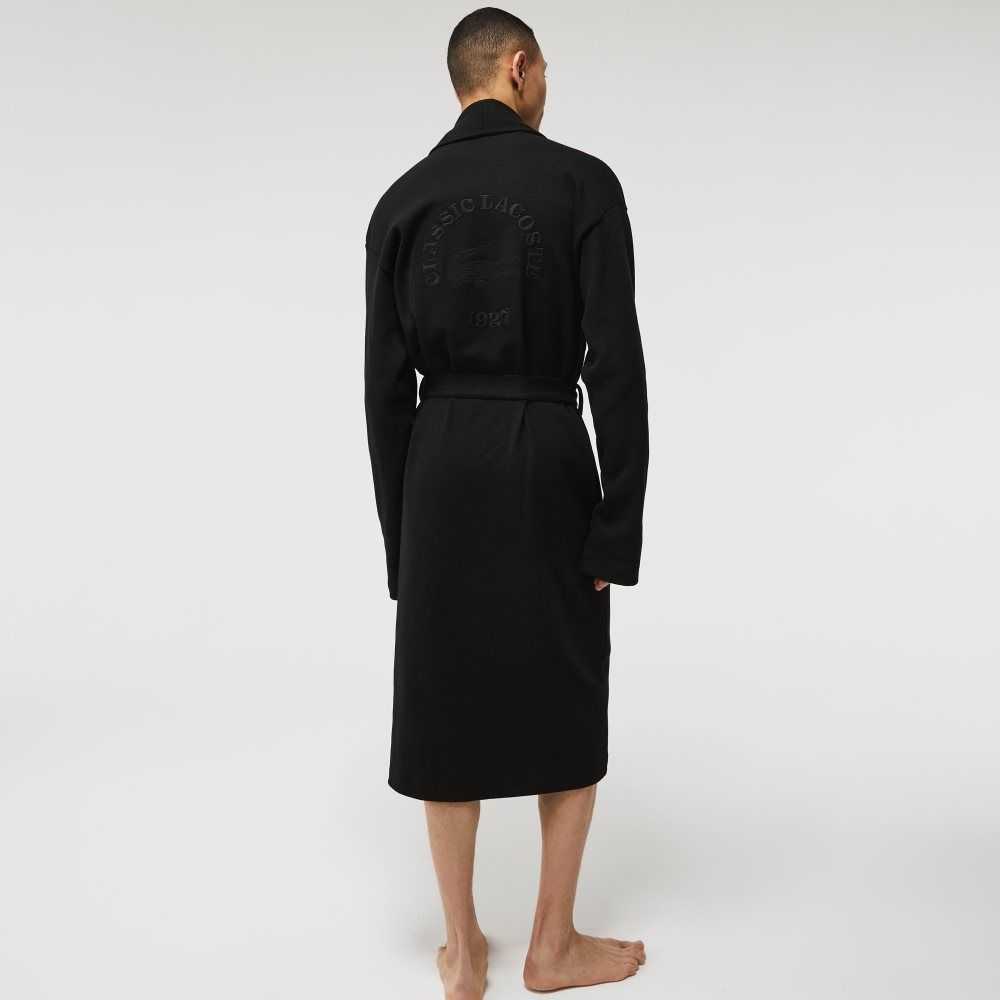 Lacoste Loose Fit Long Textured Cotton Knit Bathrobe Black | PSCR-37852