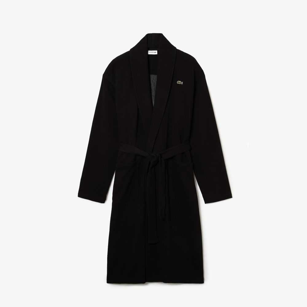 Lacoste Loose Fit Long Textured Cotton Knit Bathrobe Black | PSCR-37852