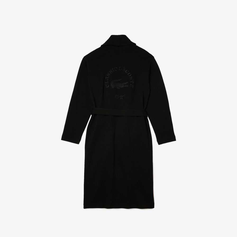 Lacoste Loose Fit Long Textured Cotton Knit Bathrobe Black | PSCR-37852