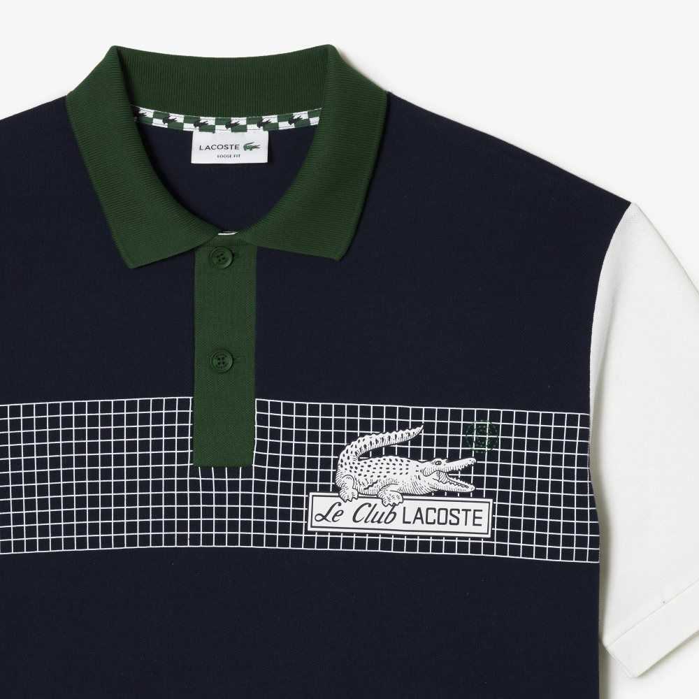 Lacoste Loose Fit Organic Cotton Polo Navy Blue / White / Green | ZWYA-18962