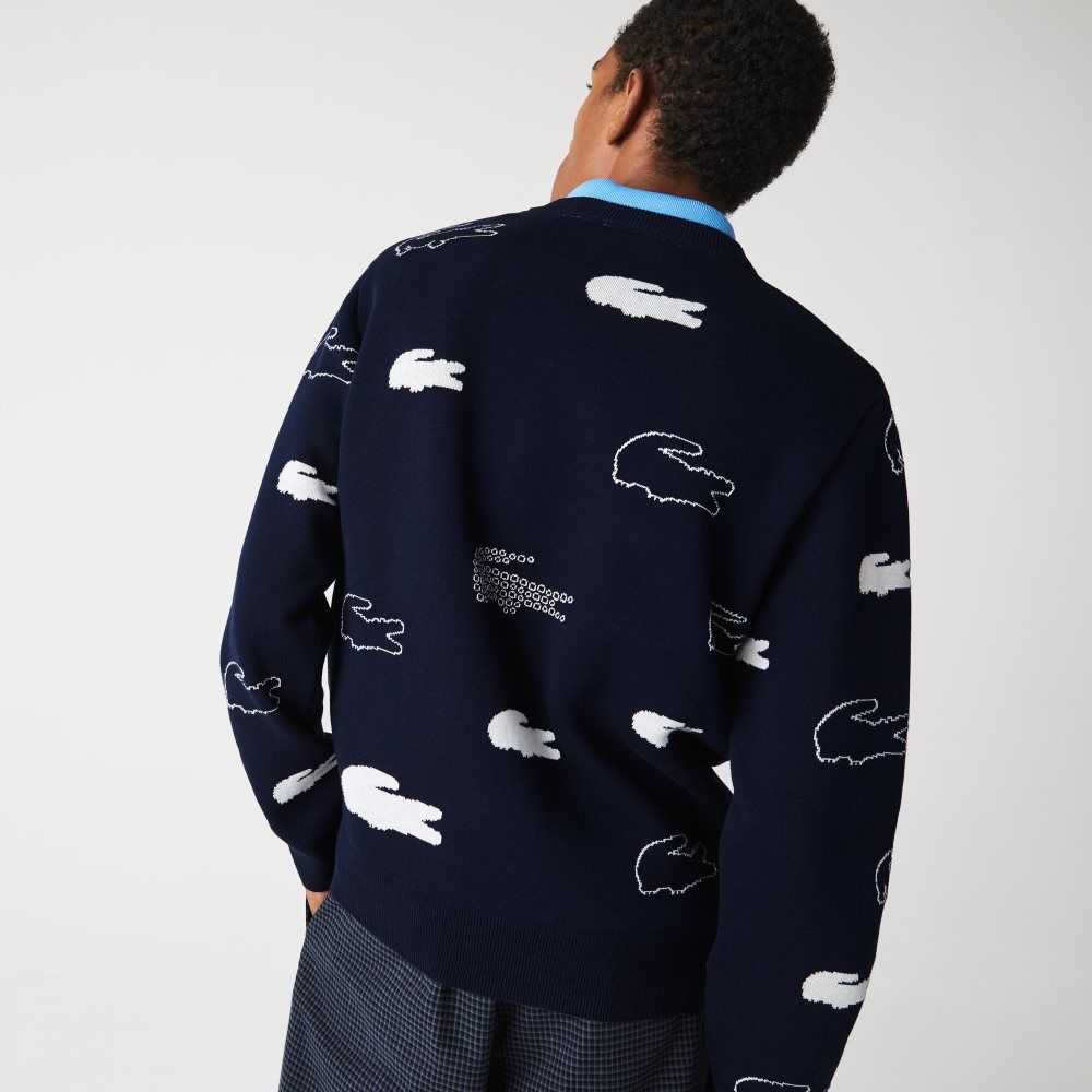 Lacoste Made In France Crew Neck Organic Cotton Jacquard Sweater Navy Blue / White | ZNQC-74152