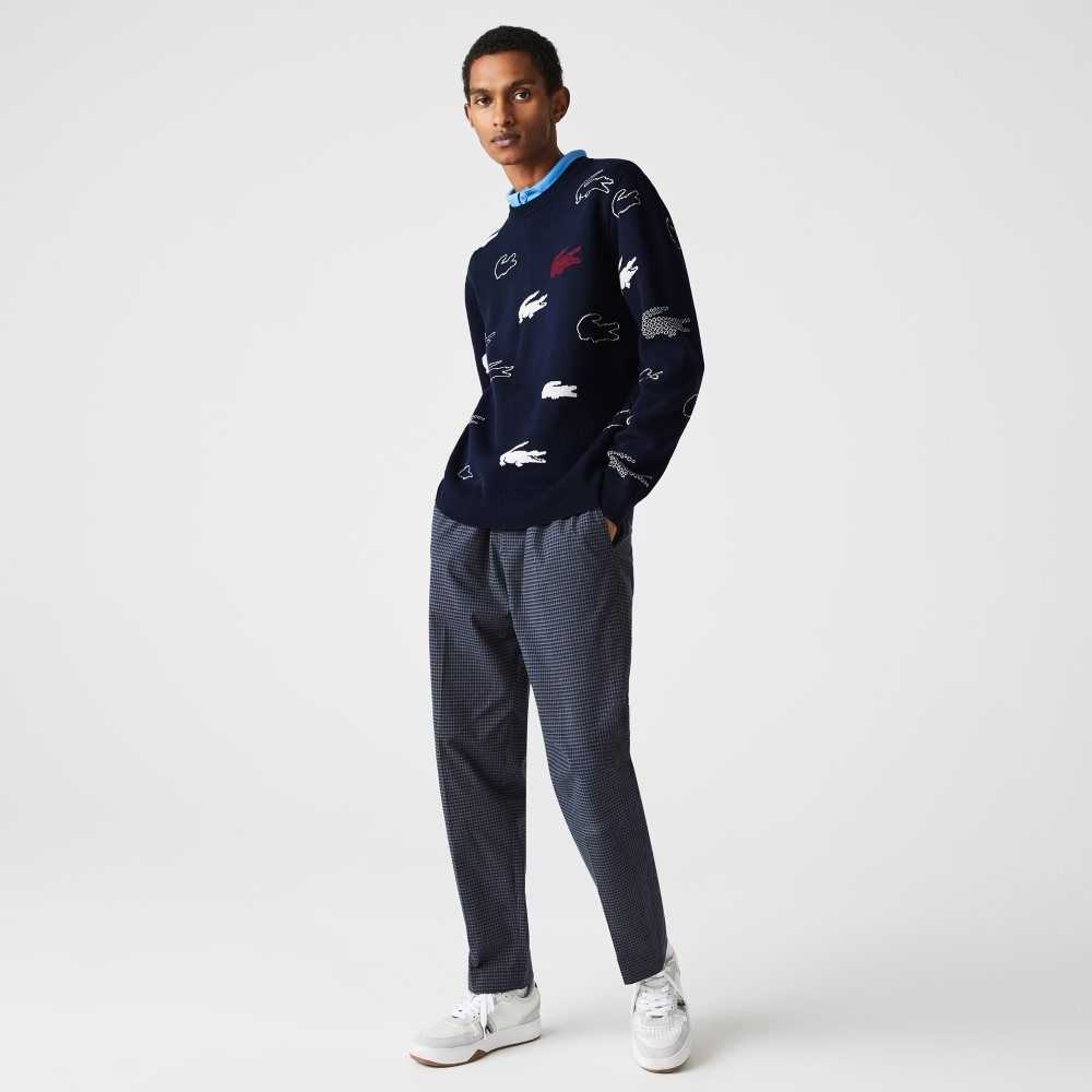 Lacoste Made In France Crew Neck Organic Cotton Jacquard Sweater Navy Blue / White | ZNQC-74152