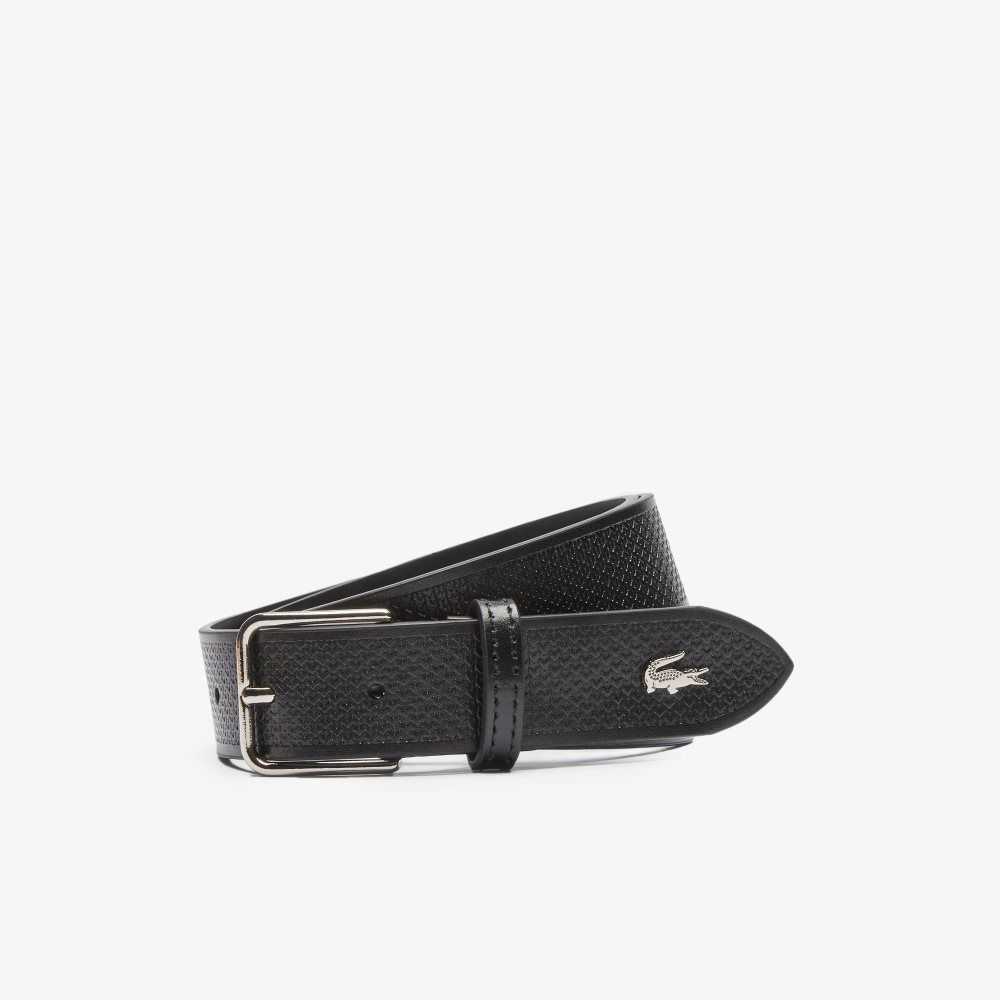 Lacoste Metal Crocodile Stitched Leather Belt Black | NDLO-82579