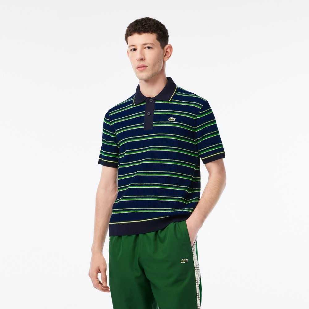 Lacoste Organic Cotton French Made Striped Polo Blue / Black / White | EDWO-23710