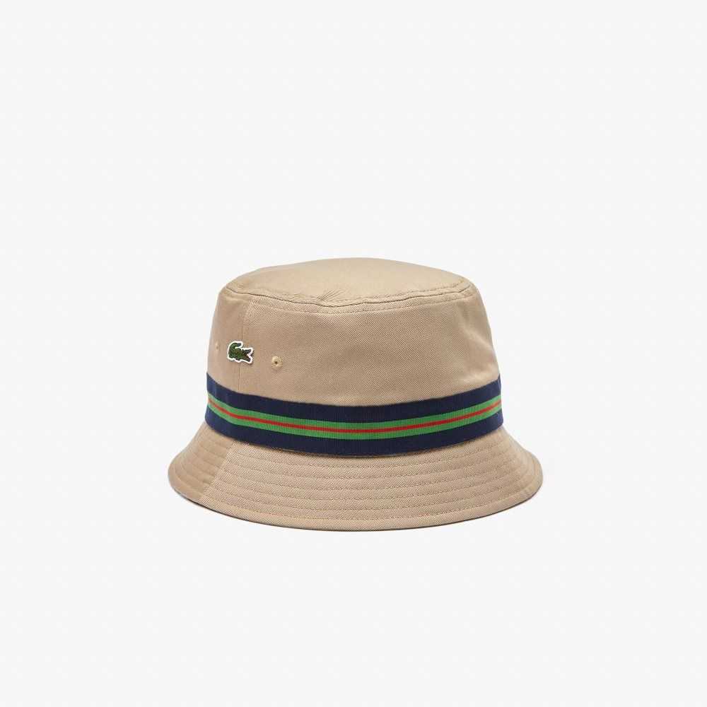 Lacoste Organic Cotton Stripe Band Bucket Hat Beige | XCLE-39742