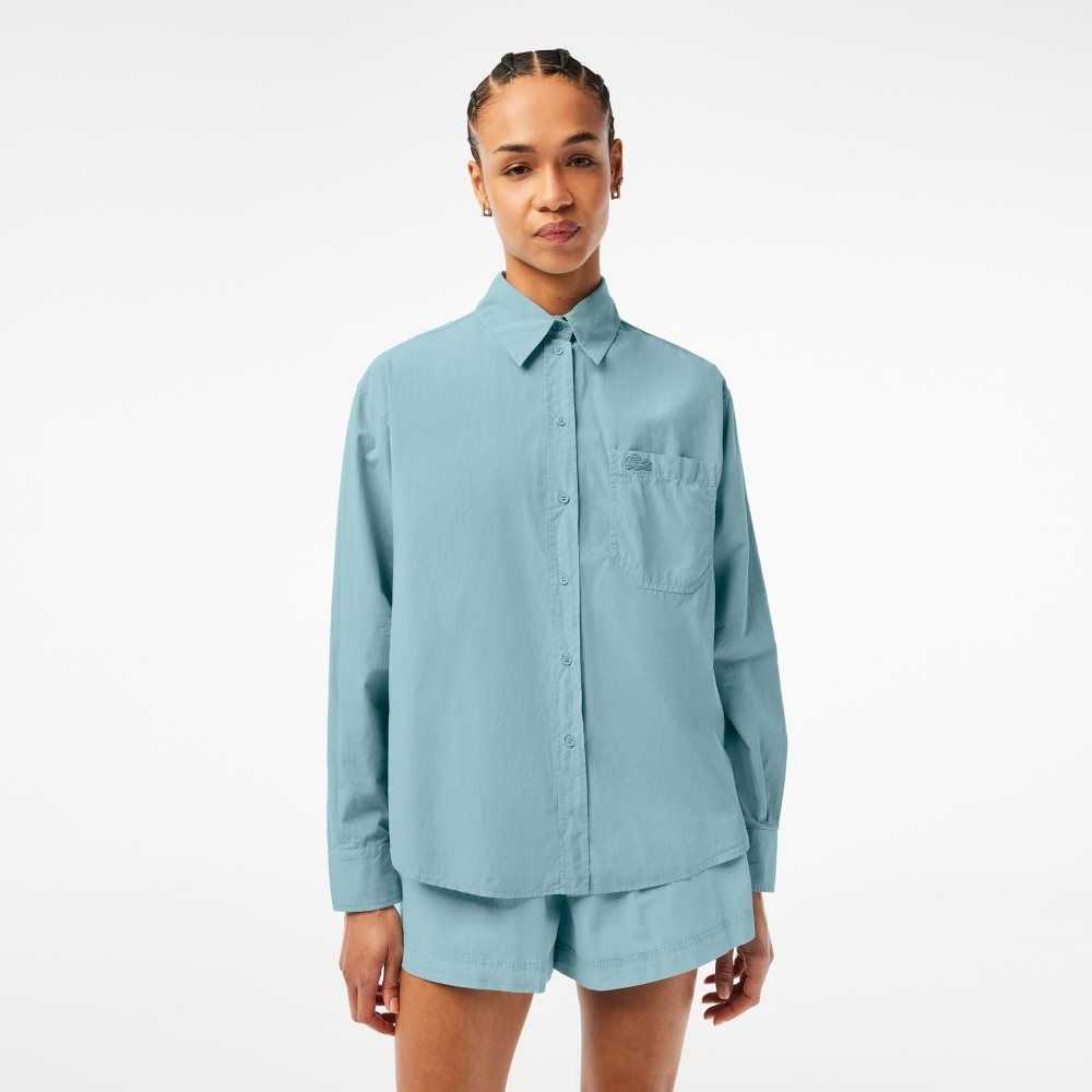 Lacoste Oversized Cotton Poplin Shirt Blue | TWKD-98056