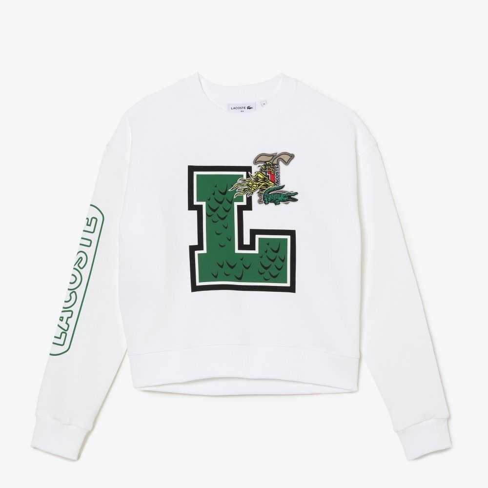 Lacoste Oversized Print And Branded Sweatshirt White | YFOP-26794