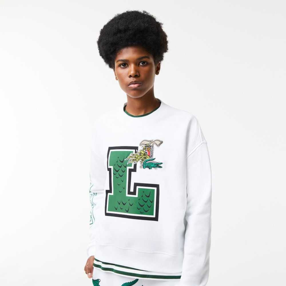 Lacoste Oversized Print And Branded Sweatshirt White | YFOP-26794