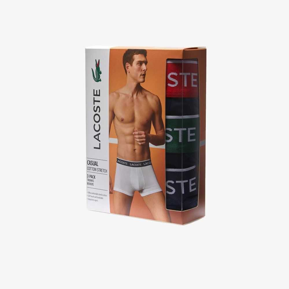 Lacoste Pack Of 3 Navy Casual Boxer Briefs With Contrasting Waistband Navy Blue / Green / Red / Navy Blue | BLQC-50472