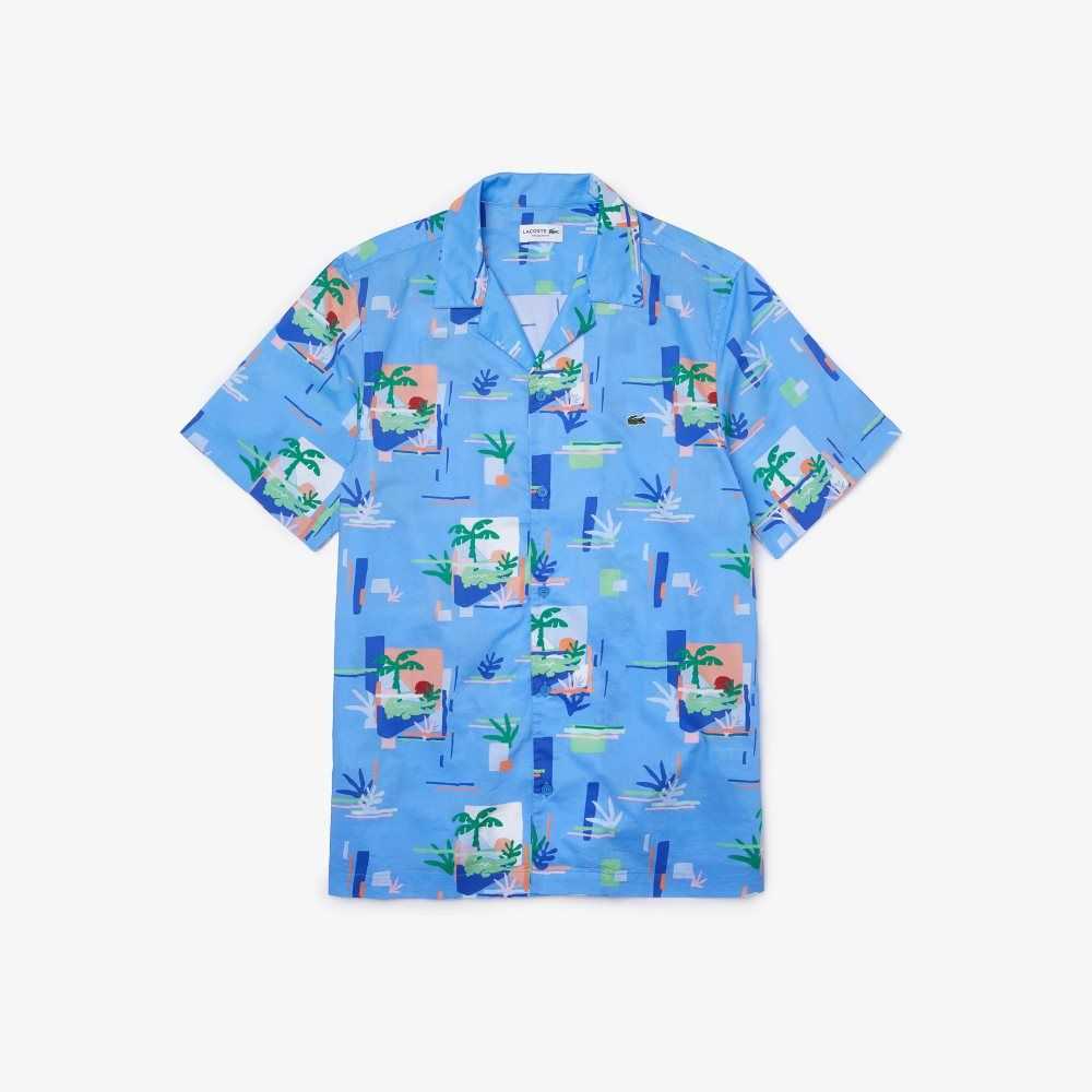Lacoste Print Cotton Voile Hawaiian Shirt Blue / White | TBCS-65384