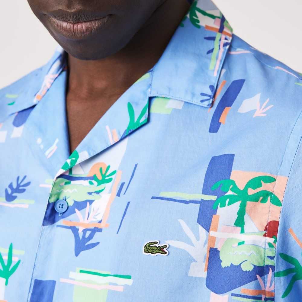 Lacoste Print Cotton Voile Hawaiian Shirt Blue / White | TBCS-65384