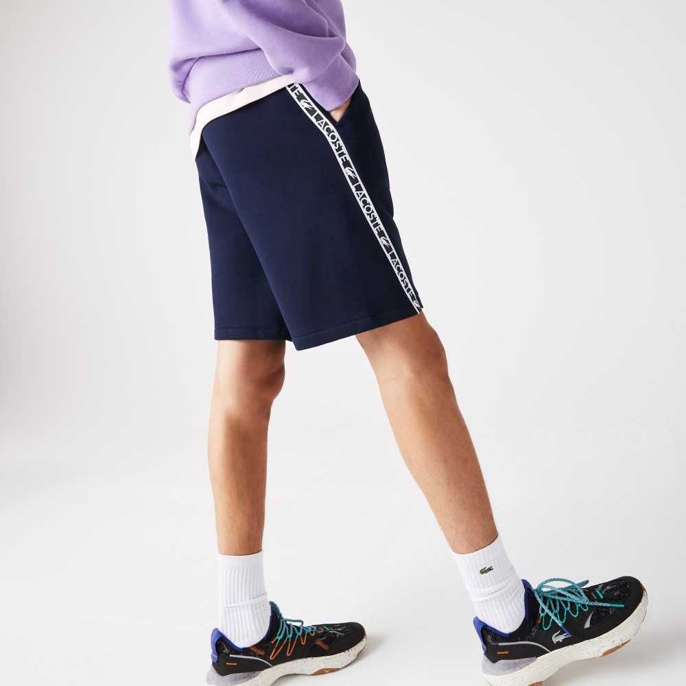 Lacoste Printed Bands Brushed Fleece Shorts Navy Blue | LXAB-76392